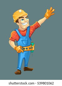 Handyman, builder in helmet pointing to the top. Vector illustrtation isolate on dark background.