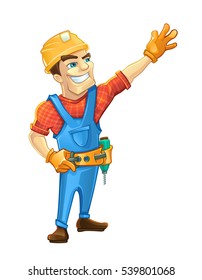 Handyman, builder in helmet pointing to the top. Vector illustrtation isolate on white background.