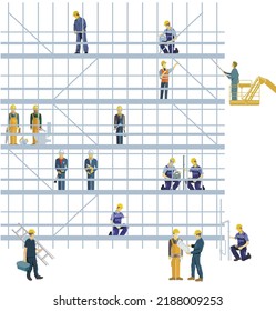 Handyman and builder on a scaffolding, isolated on white, illustration