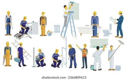 Handyman and builder renovating a house, isolated on white, illustration