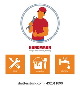 Handyman Business Icon Vector Set. Amenities repair, house hold equipment fixing symbols. Vector graphics for working tools, plumbing, renovation, best quality service concept. Sample text. Editable
