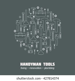 Handyman Business Identity template. Banner, icons, corporate web site elements. Vector graphics for fixing, plumbing, renovation tools in line style. Quality service concept. Sample text. Editable