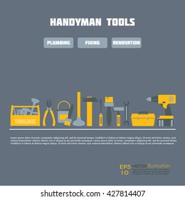 Handyman Business Identity template. Banner, icons, corporate web site elements. Vector graphics for fixing, plumbing, renovation tools in line style. Quality service concept. Sample text. Editable