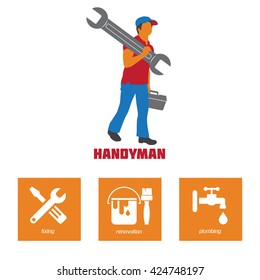 Handyman Business Sign Vector Set. Amenities repair, house hold equipment fixing symbols. Vector graphics for working tools, plumbing, renovation, best quality service concept. Sample text. Editable