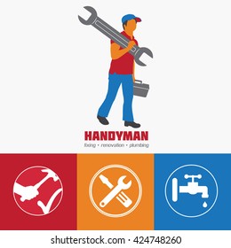 Handyman Business Sign Vector Set. Amenities repair, house hold equipment fixing symbols. Vector graphics for working tools, plumbing, renovation, best quality service concept. Sample text. Editable