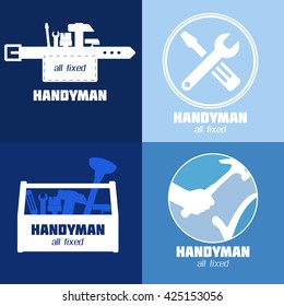 Handyman Business Sign Vector Set. Amenities repair, house hold equipment fixing symbol set. Vector graphics for working tools, fixing, renovation, best quality service concept. Sample text. Editable