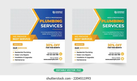 Handyman Business Web Banner Vector With Blue And Green Colors. Plumber Business Commercial Template For Social Media Marketing. Emergency Plumbing Service And Maintenance Promotion Template.