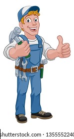 A handyman carpenter or builder cartoon man holding a hammer. Construction maintenance worker or DIY character mascot. Giving a thumbs up.