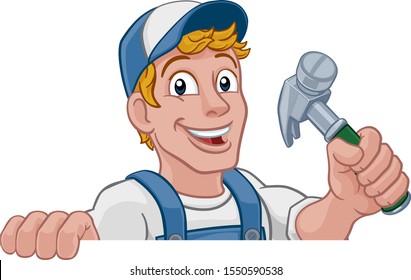 A handyman carpenter or builder cartoon man holding a hammer. Construction maintenance worker or DIY character mascot. Peeking over a sign