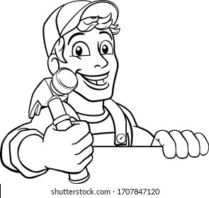 A handyman carpenter or builder cartoon man holding a hammer. Construction maintenance worker or DIY character mascot. Peeking over a sign