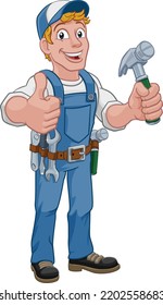 A handyman carpenter or builder cartoon man holding a hammer. Construction maintenance worker or DIY character mascot. Giving a thumbs up.