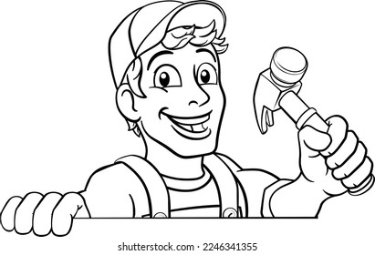 A handyman carpenter or builder cartoon man holding a hammer. Construction maintenance worker or DIY character mascot. Peeking over a sign