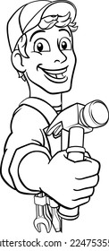 A handyman carpenter or builder cartoon man holding a hammer. Construction maintenance worker or DIY character mascot. Peeking around a sign