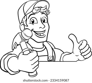 A handyman carpenter or builder cartoon man holding a hammer. Construction maintenance worker or DIY character mascot. Giving a thumbs up and peeking over a sign