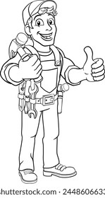 A handyman carpenter or builder cartoon man holding a hammer. Construction maintenance worker or DIY character mascot. Giving a thumbs up.