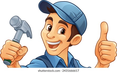 A handyman or carpenter cartoon construction man mascot character holding a hammer tool