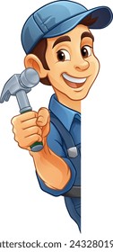 A handyman or carpenter cartoon construction man mascot character holding a hammer tool