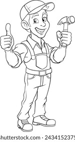 A handyman or carpenter cartoon construction man mascot character holding a hammer tool