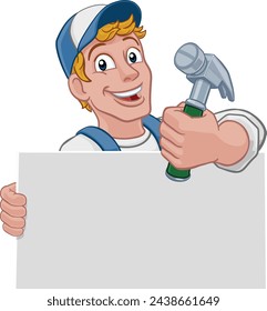 A handyman or carpenter cartoon construction man mascot character holding a hammer tool