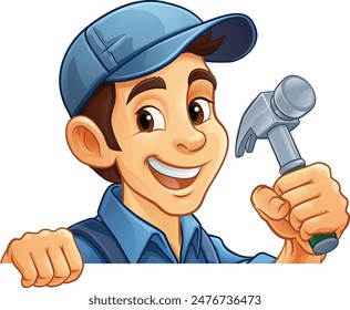 A handyman or carpenter cartoon construction man mascot character holding a hammer tool