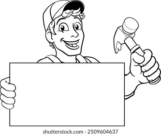 A handyman or carpenter cartoon construction man mascot character holding a hammer tool