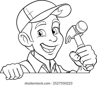 A handyman or carpenter cartoon construction man mascot character holding a hammer tool