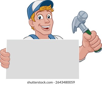 Um faz-tudo ou carpinteiro desenho animado homem mascote personagem segurando uma ferramenta de martelo