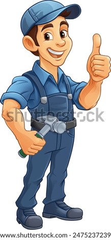 A handyman or carpenter cartoon construction man mascot character holding a hammer tool