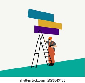 Handyman Carpenter Worker Character with Screwdriver Tool Assembling Home Furniture. Vector cartoon illustration of workshop interior with carpentry tools and instruments.