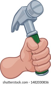 A handyman or carpenters cartoon hand in a fist holding a hammer 