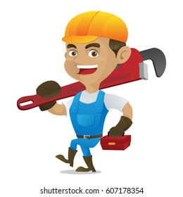 Handyman carrying adjustable wrench isolated in white background