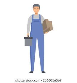 Handyman carrying a toolbox and cardboard box is ready to start a new job