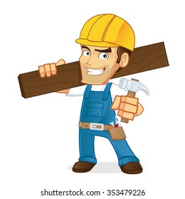Handyman carrying a wooden board and hammer