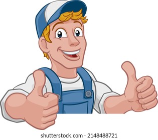 A handyman cartoon character caretaker construction man peeking over a sign and giving a thumbs up 
