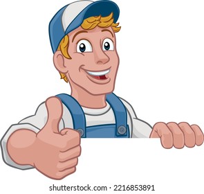 A handyman cartoon character caretaker construction man peeking over a sign and giving a thumbs up 