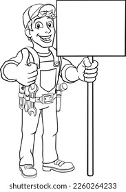 A handyman cartoon character caretaker construction man holding a sign and giving a thumbs up