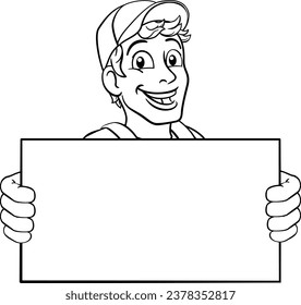 A handyman cartoon character caretaker construction man peeking over a sign