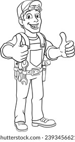 A handyman cartoon character caretaker construction man giving a thumbs up 
