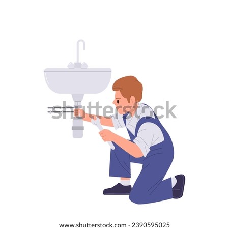 Handyman cartoon character fixing broken sink pipe with wrench in home bathroom or kitchen