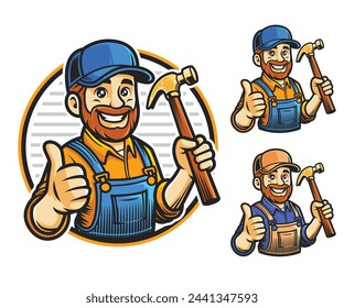 Handyman cartoon character holding a hammer and doing a thumb up, mascot design.