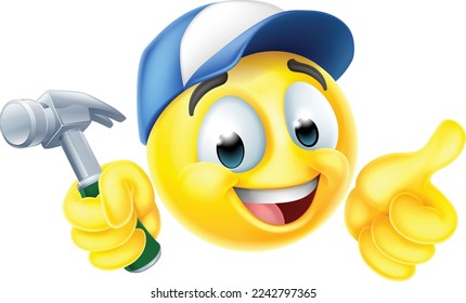 A handyman cartoon emoji emoticon face holding a hammer and giving a thumbs up