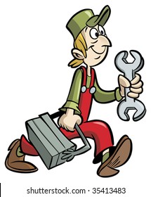 Handyman cartoon holding wrench and tool box