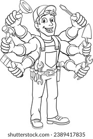 Handyman cartoon property caretaker construction man multitasking with lots of arms holding tools