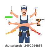 Handyman Character Holding Multiple tools, Multiple skillset, Plumber, Carpenter, Painter, repairman, Engineer