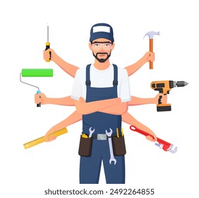 Personaje de Handyman sosteniendo múltiples herramientas, múltiples habilidades, fontanero, carpintero, pintor, reparador, ingeniero