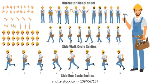 Handyman Character Model Sheet With Walk Cycle And Run Cycle Animation. Flat Character Design. Front, Side, Back View Animated Character. Character Creation Set With Various Views, Face Emotions.