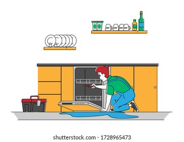 Handyman Character in Uniform Fixing Broken Dishwasher Technics at Home. Husband for an Hour Repair Service. Plumber Call Master at Work, Plumbing. Repairman Household Work. Linear Vector Illustration
