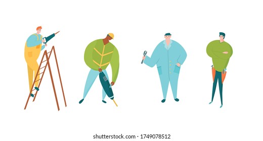 Handyman characters set. Drilling on a ladder, using jackhammer, mechanic with wrench, standing with a toolbelt. Vector illustrations for diy or constraction company website or social media.