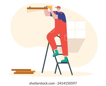Handyman climbs ladder and installs wooden furniture at home. Character design. Vector flat illustration