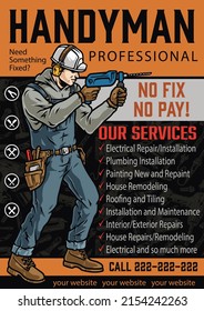 Handyman colorful vintage banner with inscriptions, man in helmet and ear protectors wearing tool belt using drill, vector illustration